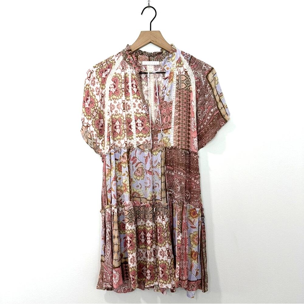 Karlie Boho Patchwork Mini Dress Pink Brown Floral Tiered Babydoll Size Small